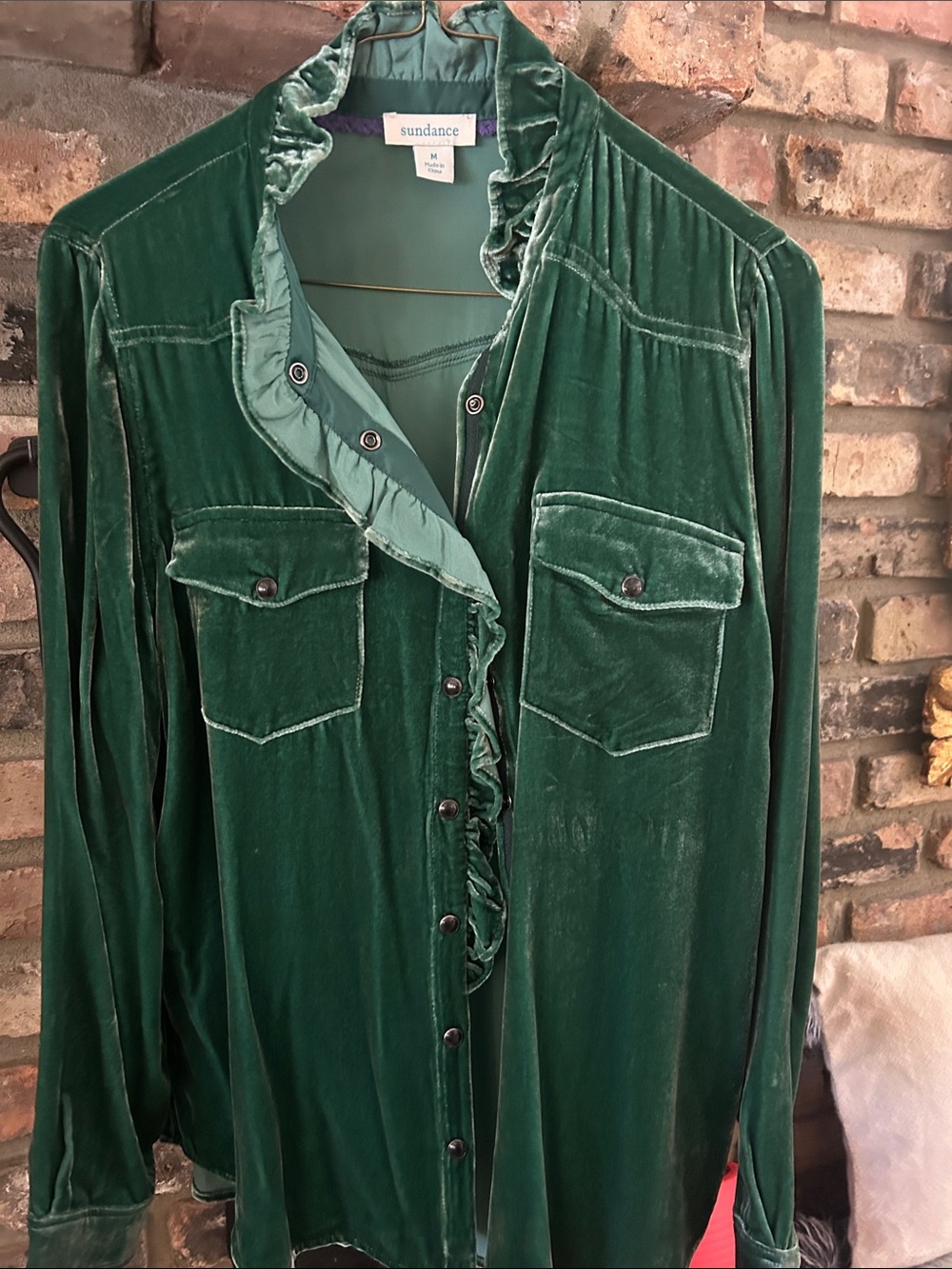 Sundance Emerald Green Velvet Ruffle-Trim Button Shirt